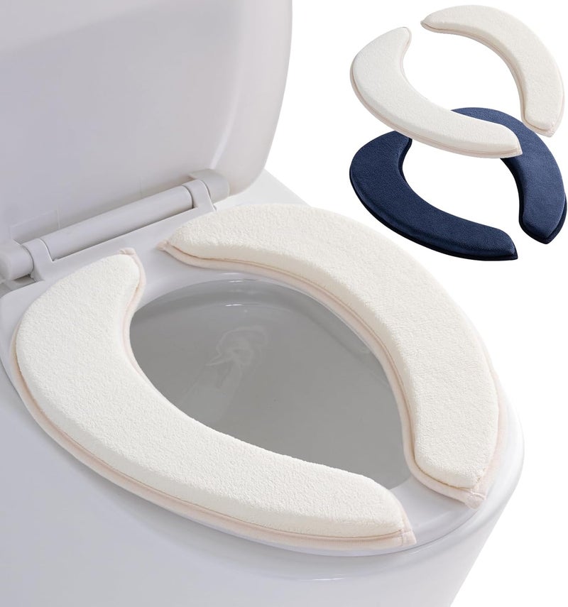 SHIEN Soft Thicker Flannel Bathroom Toilet Seat Cover, 2 Pack Non Slip Warmer Comfortable Seat Cushions with Memory Foam, Easy Install with Self-Adhesive Tape, Reusable Toilet Lid Cover (Off-White,Navy) - Image 1